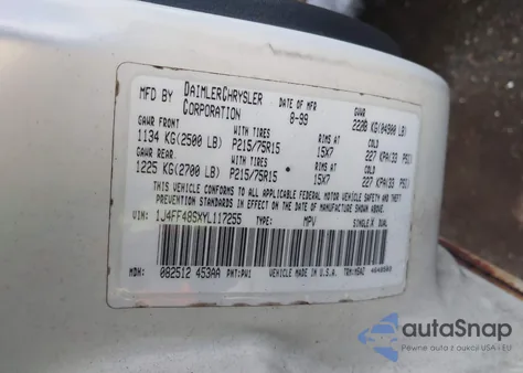 1999 Jeep Cherokee Classic/Sport из США, поврежденный, VIN 1J4FF68S5XL503575